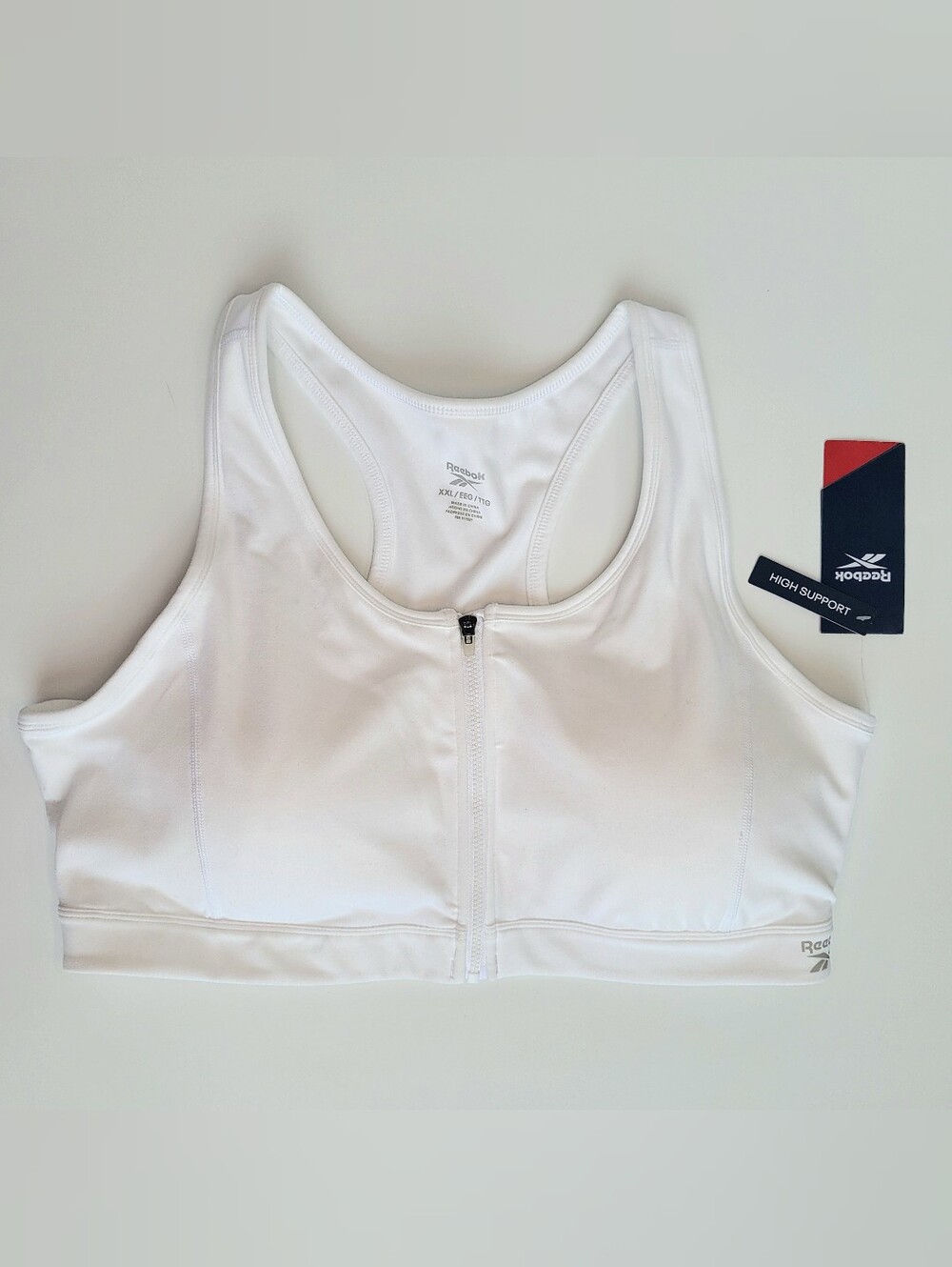 REEBOK Performer Zip Front Bra Size XXL White High Support W/Padded Cups NEW